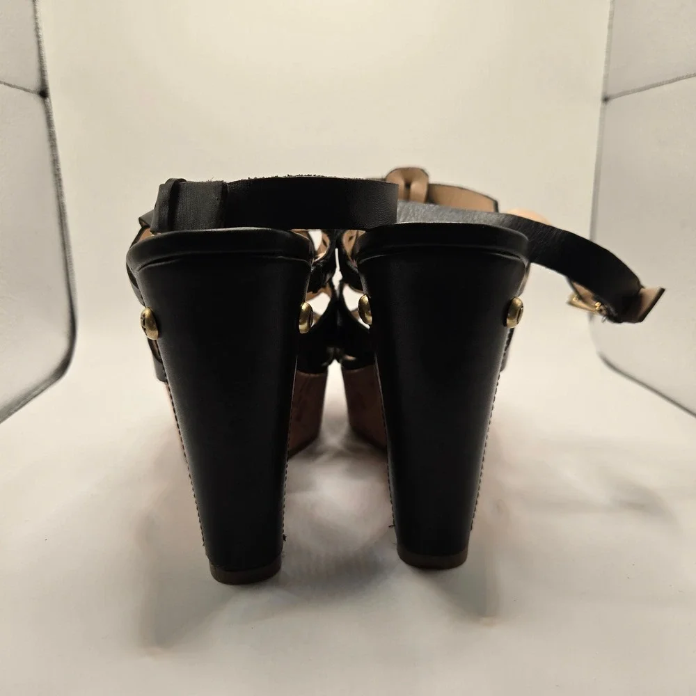 Guess Wedge Sandals Womens 8.5 Black  Leather Cork Strappy Platform (S11)